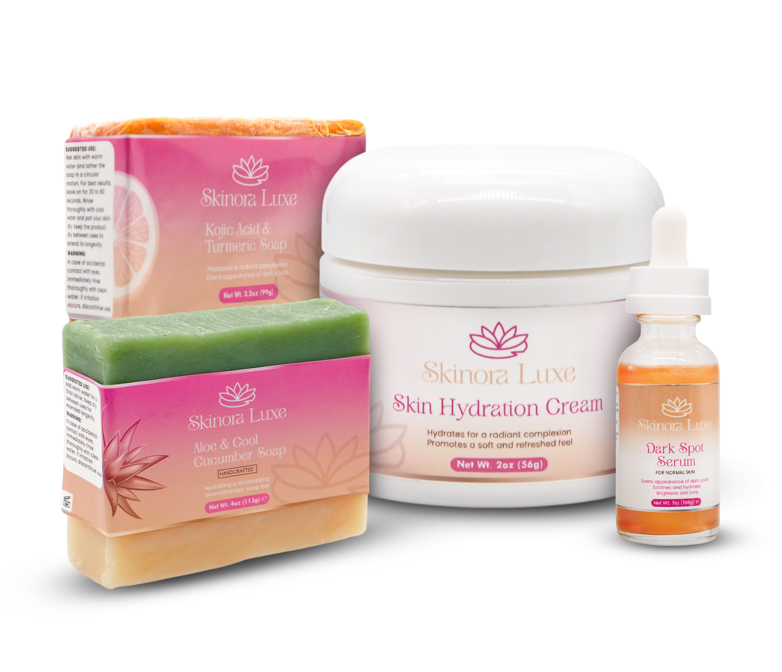 SKINORA LUXE Complete Brightening & Hydration Kit — Dark Spot Serum, kojic acid soap + turmeric soap bar, facial moisturizer cream, gentle face soap cleanse for smooth, radiant-looking skin