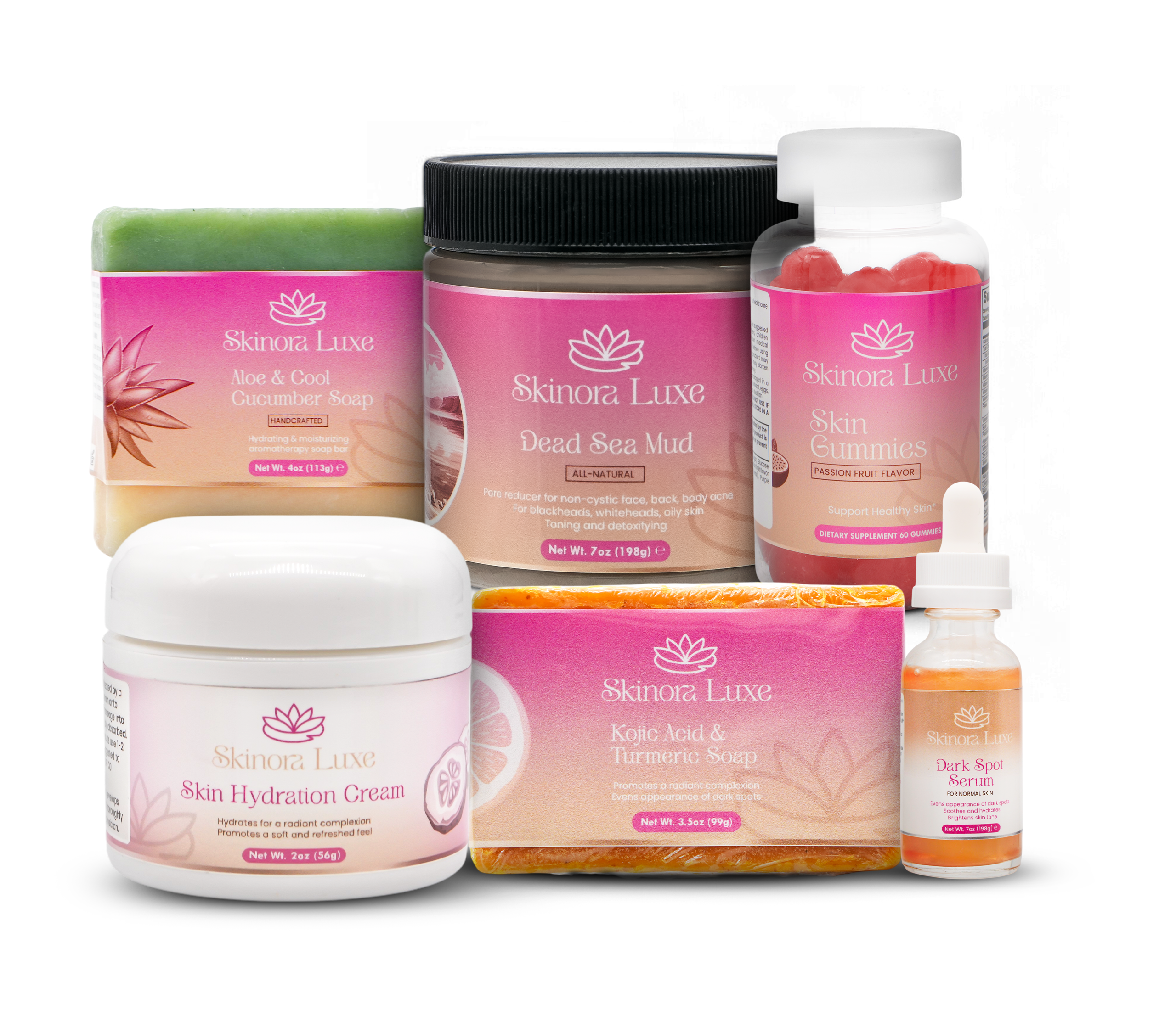 SKINORA LUXE Complete Glow & Care Collection — Brightening Face & Body Set with kojic acid soap, turmeric soap bar, facial moisturizer, dark spot serum, Hair Skin & Nails Gummies, and Dead Sea Mud Mask