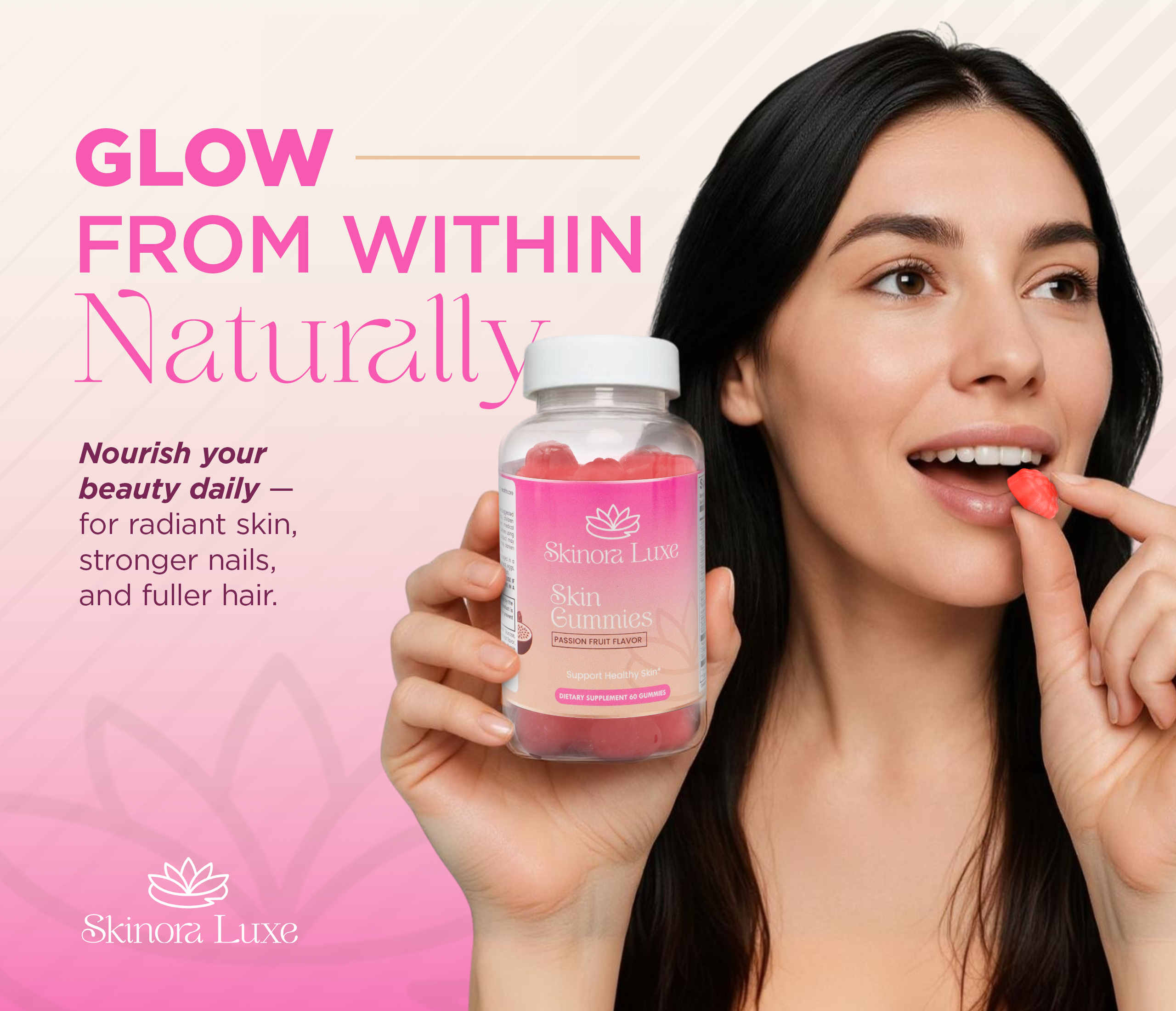 SKINORA LUXE Hair Skin and Nails Gummies – Biotin for Hair Growth Women, Hair Vitamins Gummies, Hair Growth Supplements with Collagen & Zinc – Passion Fruit Flavor – 60 Gummies