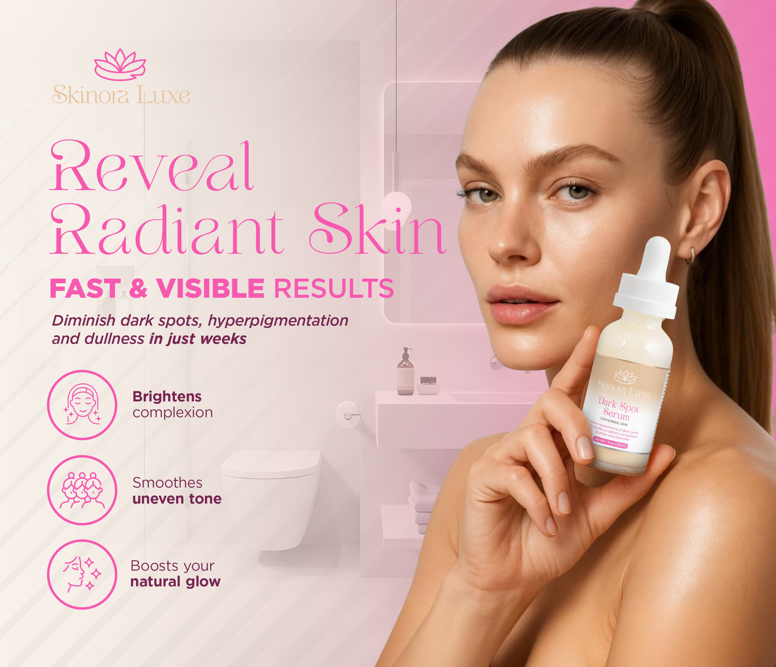 SKINORA LUXE Glow Serum for Uneven Skin Tone – Brightening Face Serum with Niacinamide, Hexylresorcinol & Botanical Extracts – Helps Improve Skin Radiance – 1 fl oz