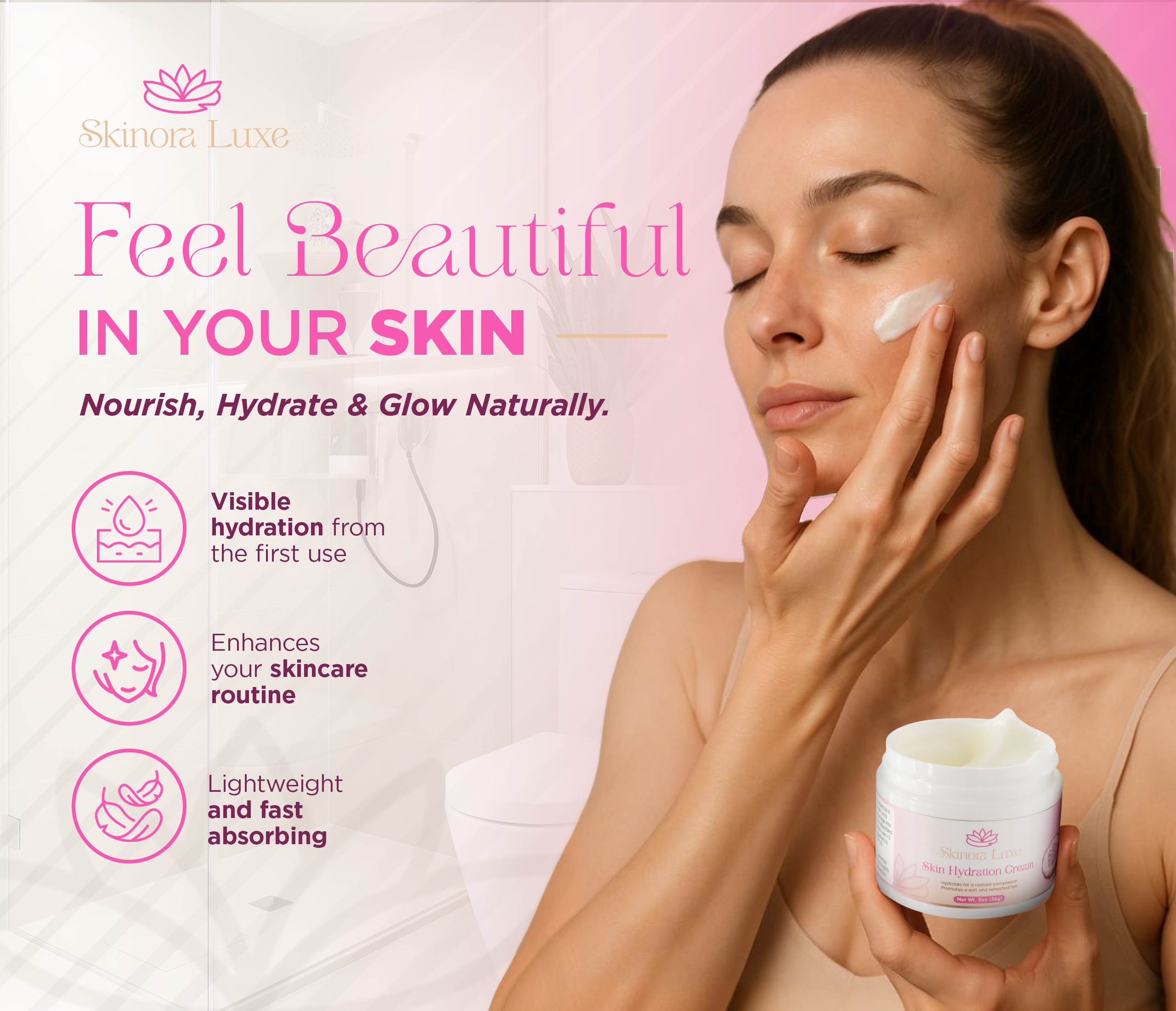 SKINORA LUXE Hyaluronic Acid Face Moisturizer – Lightweight Daily Cream for Dry & Mature Skin – Deep Hydration and Softness Enhancer – 2 oz Jar