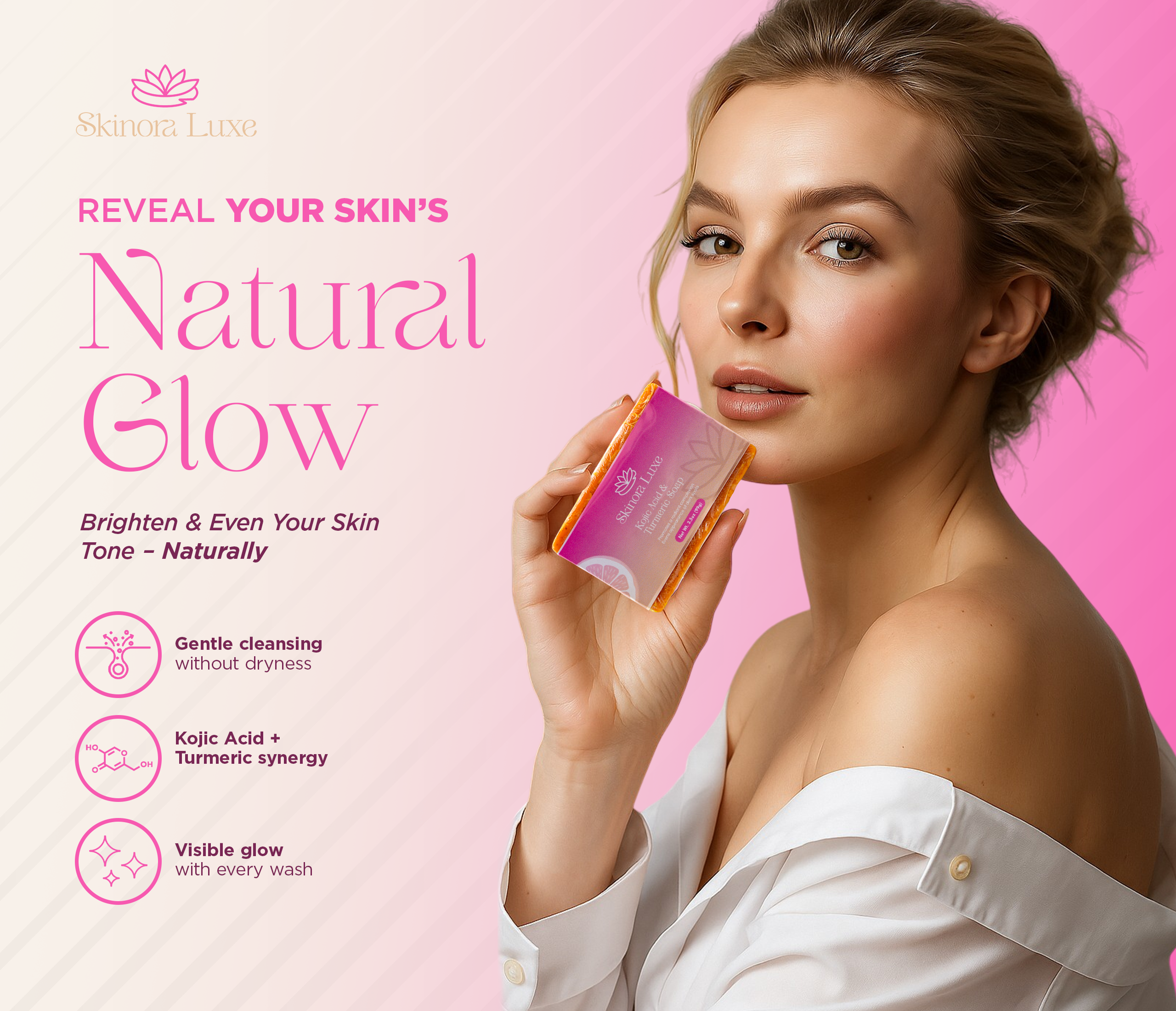 SKINORA LUXE Kojic Acid & Turmeric Bar Soap – Brightening Soap Bar for Face & Body – Hydrating Body Soap Bars with Shea Butter & Coconut Oil – Gentle Bath Soap for Men & Women