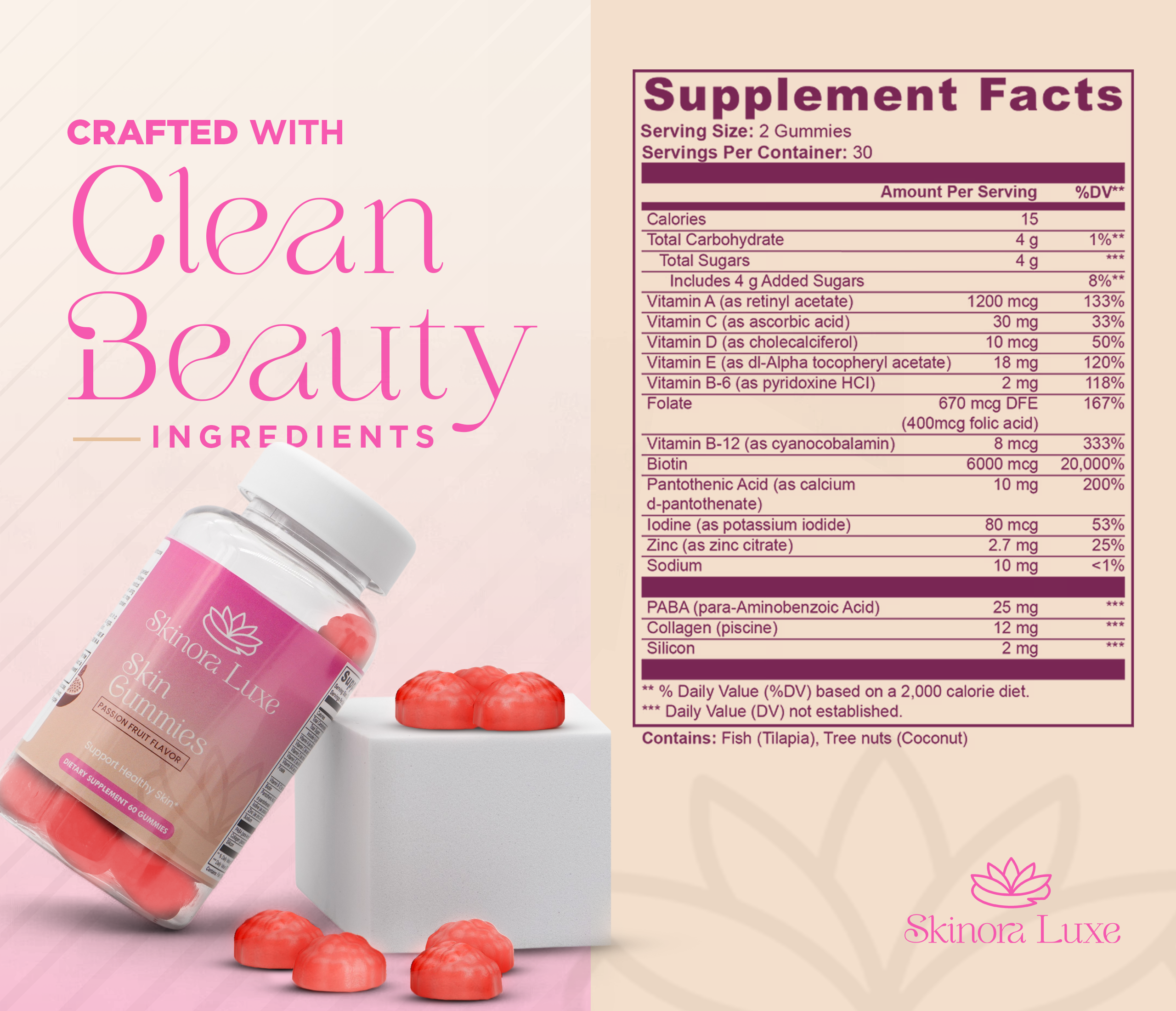 SKINORA LUXE Hair Skin and Nails Gummies – Biotin for Hair Growth Women, Hair Vitamins Gummies, Hair Growth Supplements with Collagen & Zinc – Passion Fruit Flavor – 60 Gummies