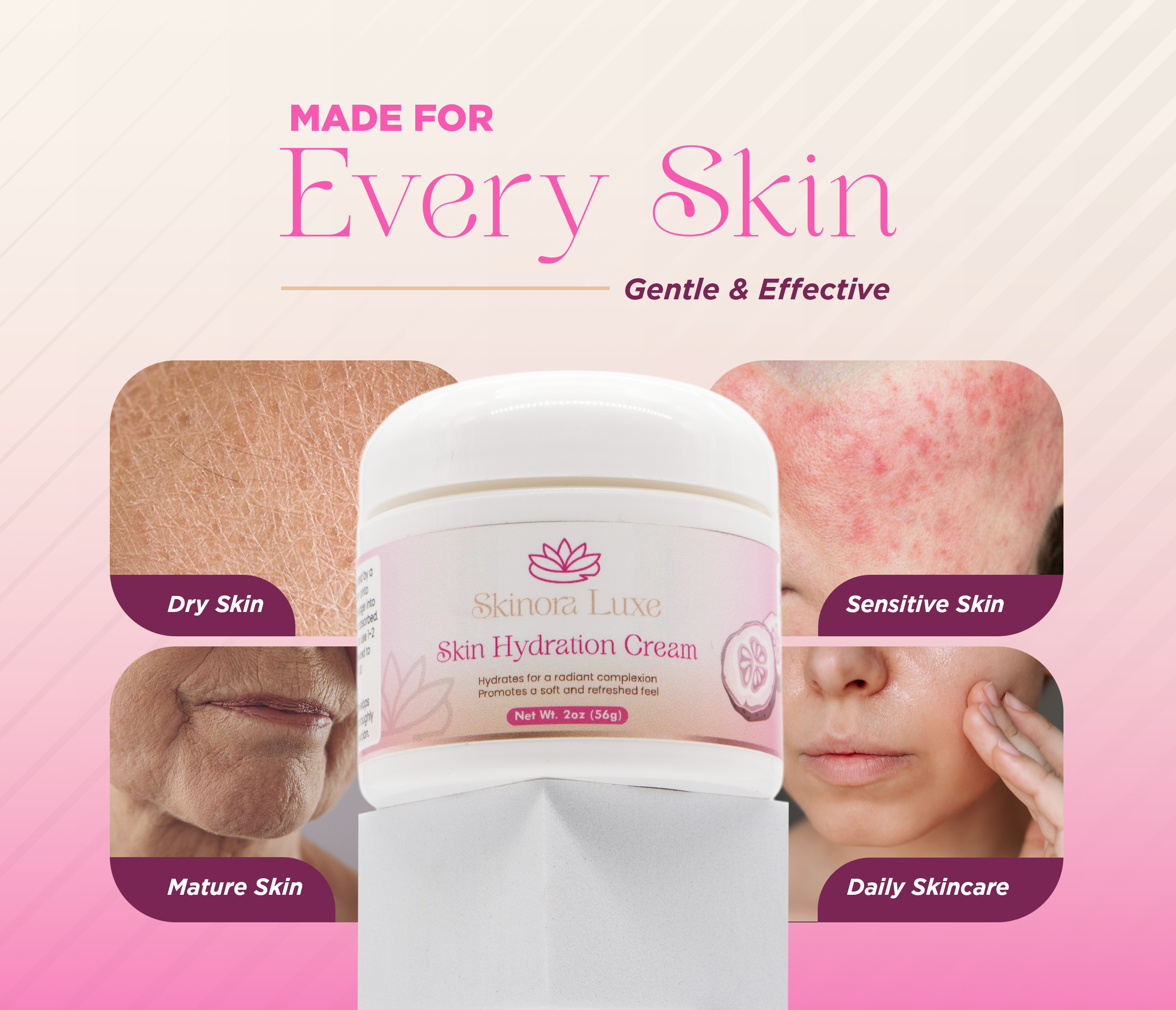 SKINORA LUXE Hyaluronic Acid Face Moisturizer – Lightweight Daily Cream for Dry & Mature Skin – Deep Hydration and Softness Enhancer – 2 oz Jar