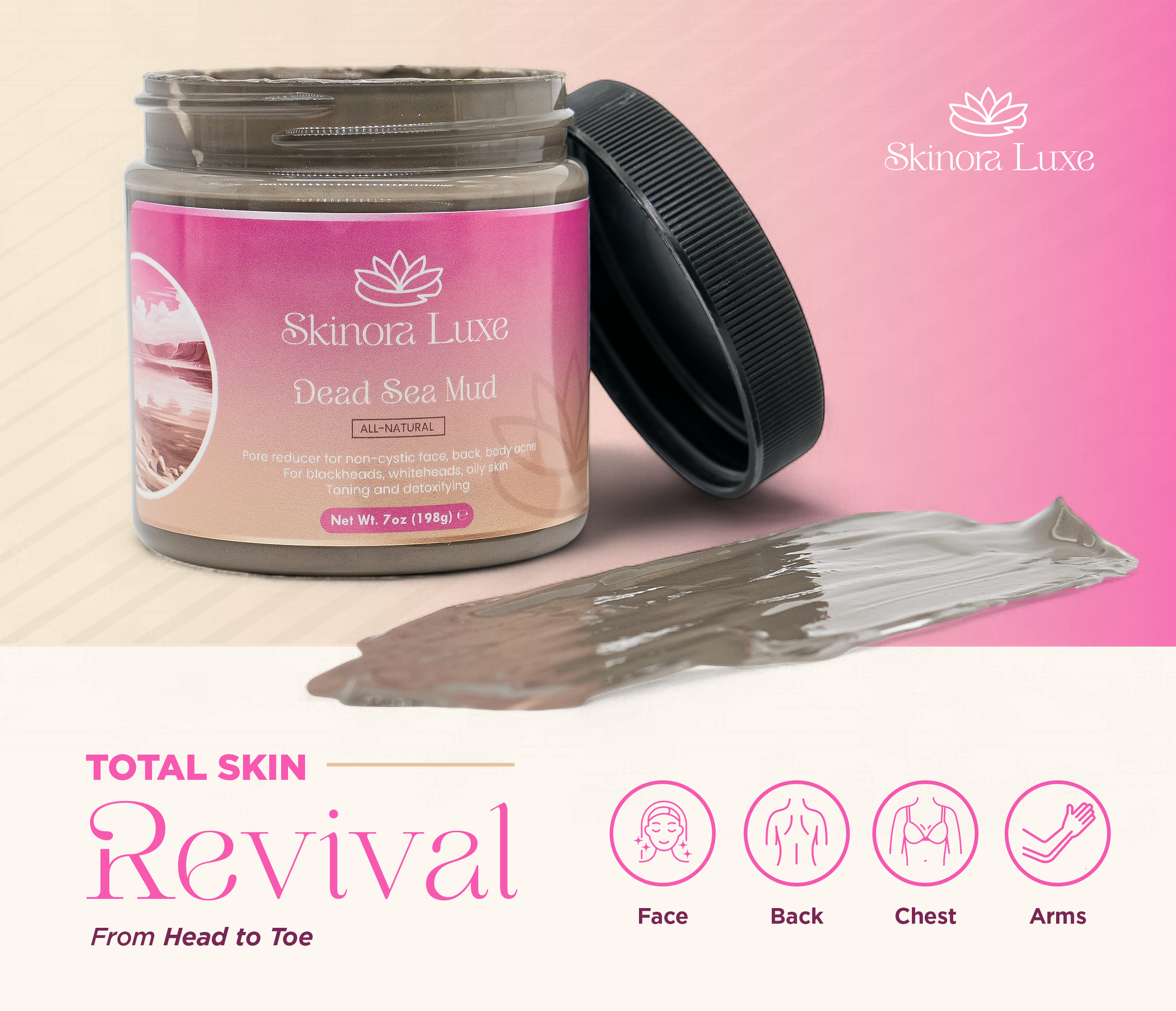 SKINORA LUXE Dead Sea Mud Mask – Facial Mask for Pores and Blackheads – Mud Mask for Face and Body – Blackhead Remover Mask and Pore Reducer – 7 oz Detox Mineral Clay