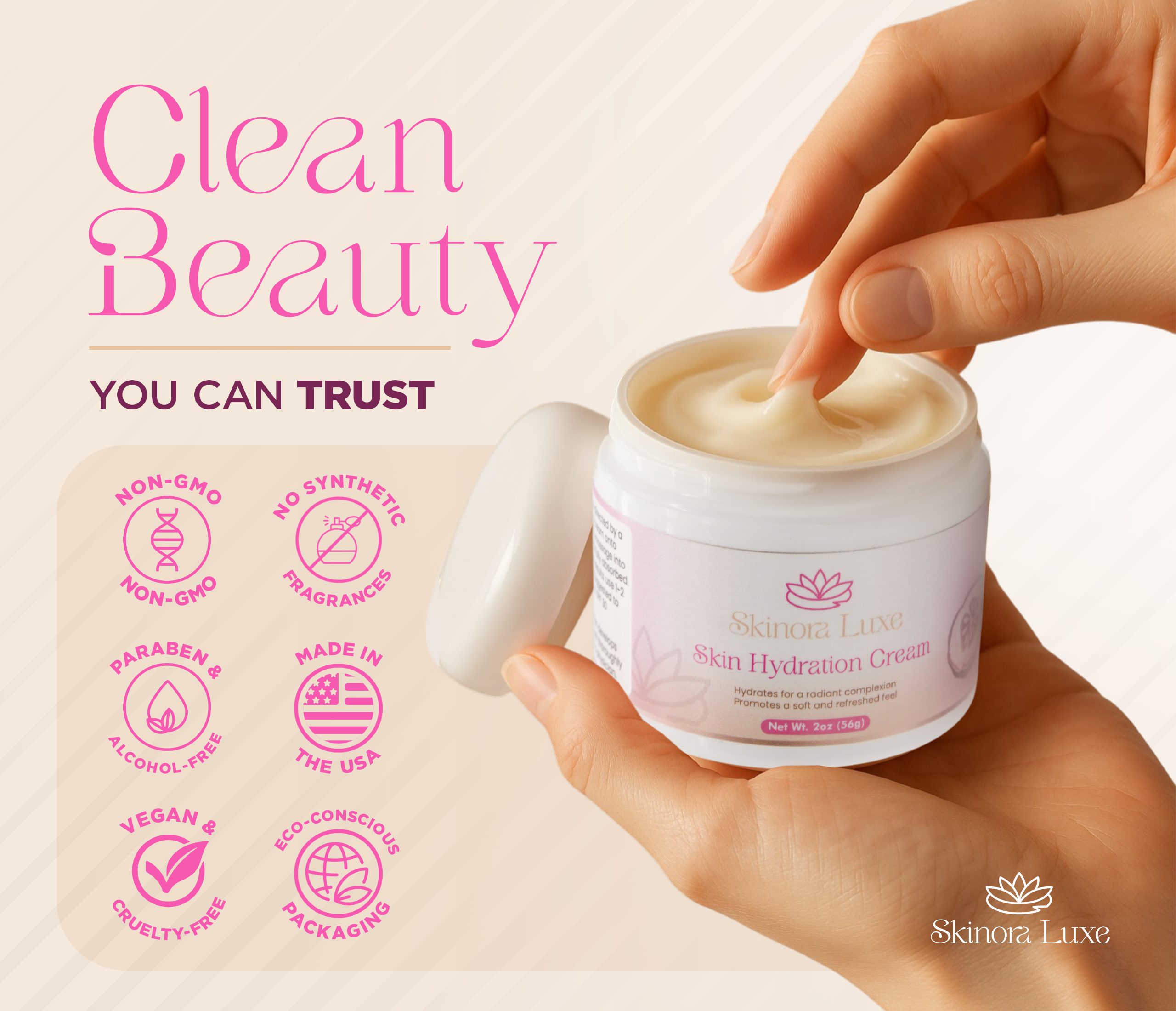 SKINORA LUXE Hyaluronic Acid Face Moisturizer – Lightweight Daily Cream for Dry & Mature Skin – Deep Hydration and Softness Enhancer – 2 oz Jar