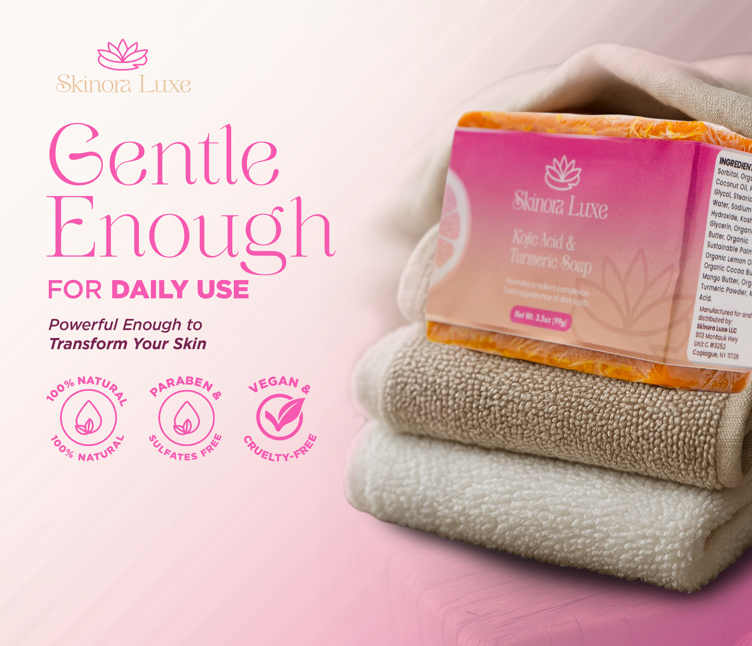 SKINORA LUXE Kojic Acid & Turmeric Bar Soap – Brightening Soap Bar for Face & Body – Hydrating Body Soap Bars with Shea Butter & Coconut Oil – Gentle Bath Soap for Men & Women