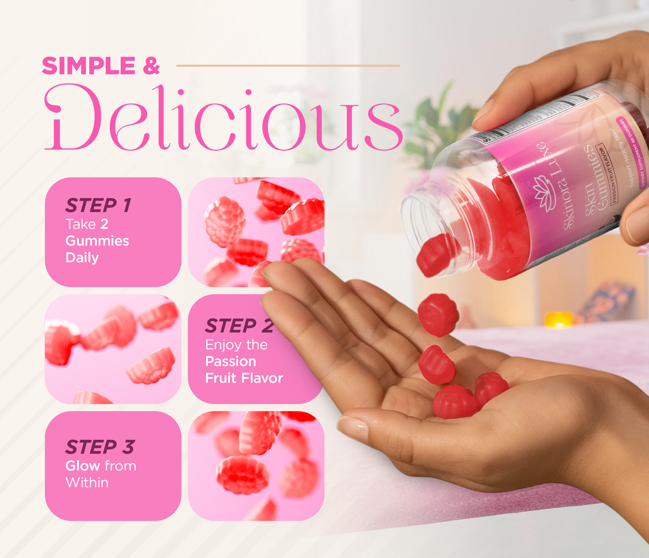 SKINORA LUXE Hair Skin and Nails Gummies – Biotin for Hair Growth Women, Hair Vitamins Gummies, Hair Growth Supplements with Collagen & Zinc – Passion Fruit Flavor – 60 Gummies