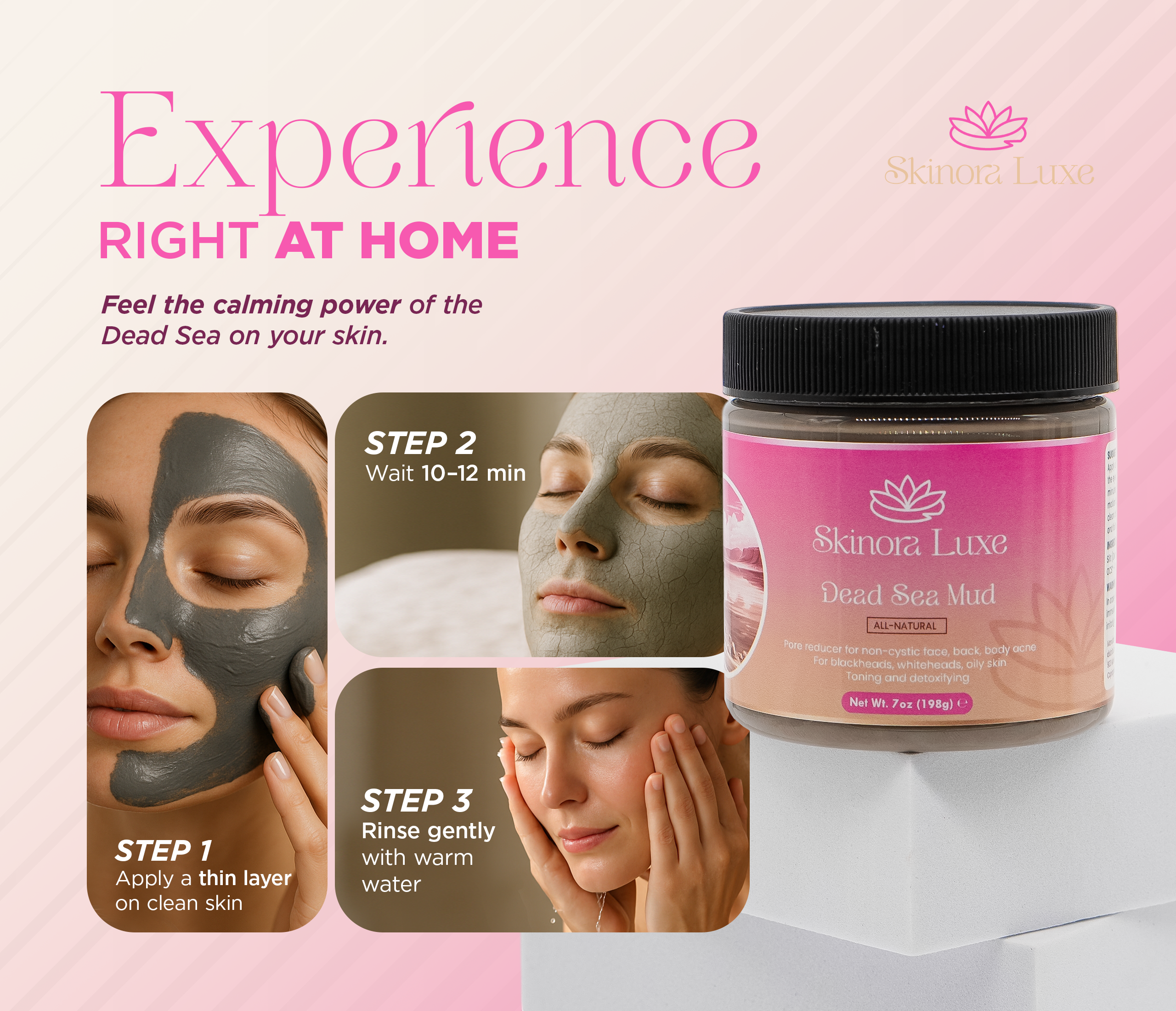 SKINORA LUXE Dead Sea Mud Mask – Facial Mask for Pores and Blackheads – Mud Mask for Face and Body – Blackhead Remover Mask and Pore Reducer – 7 oz Detox Mineral Clay