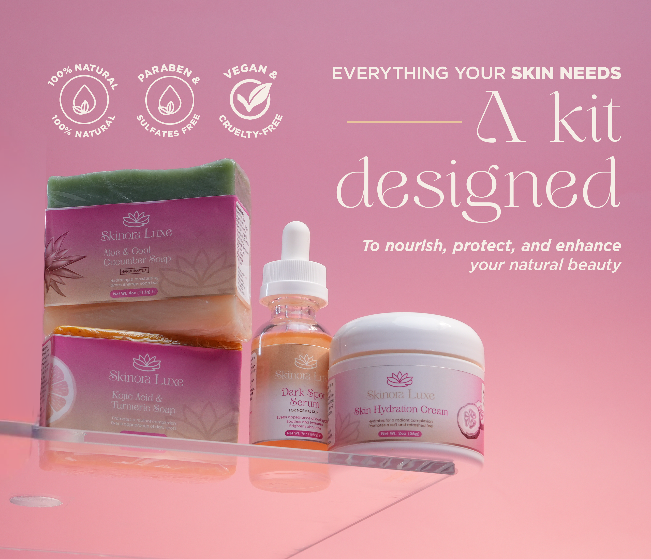 SKINORA LUXE Complete Brightening & Hydration Kit — Dark Spot Serum, kojic acid soap + turmeric soap bar, facial moisturizer cream, gentle face soap cleanse for smooth, radiant-looking skin