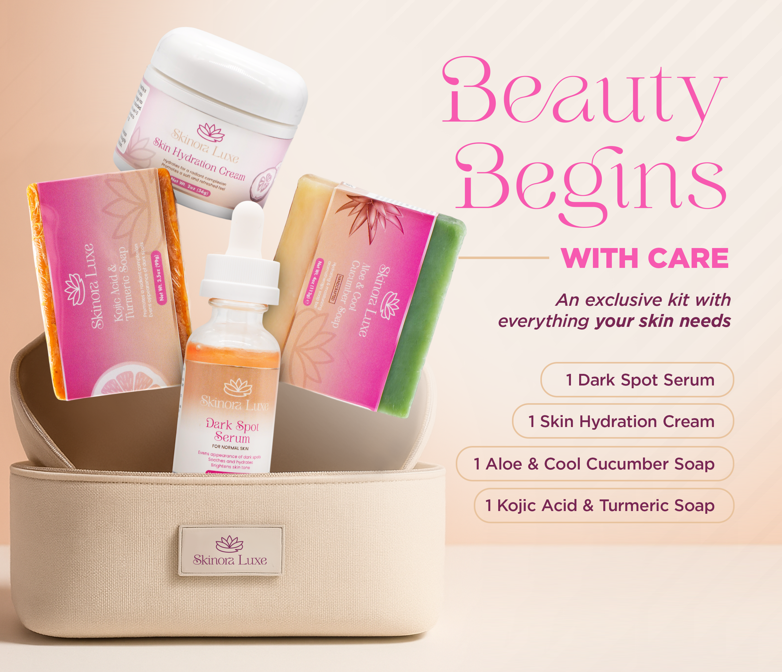 SKINORA LUXE Complete Brightening & Hydration Kit — Dark Spot Serum, kojic acid soap + turmeric soap bar, facial moisturizer cream, gentle face soap cleanse for smooth, radiant-looking skin