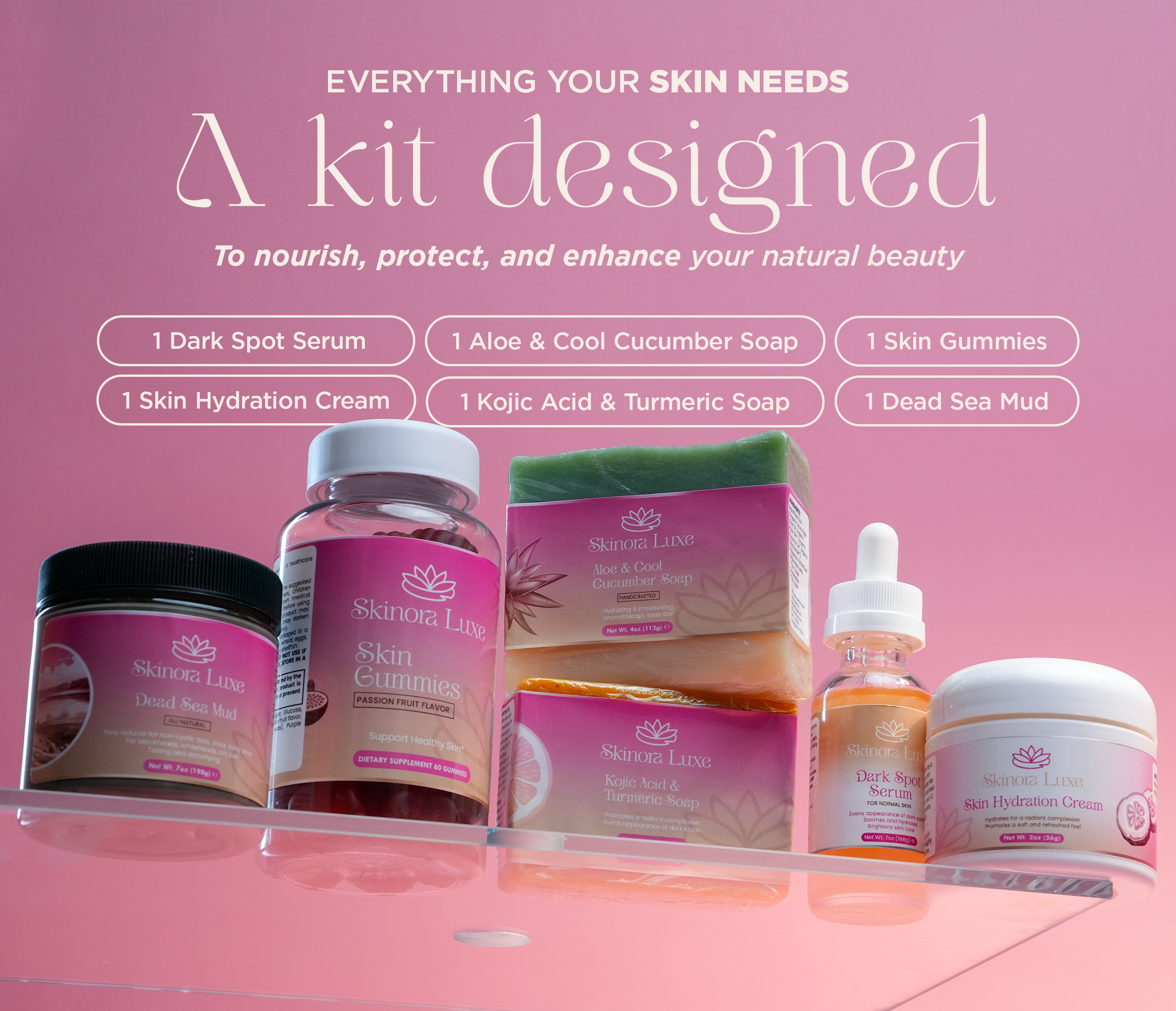 SKINORA LUXE Complete Glow & Care Collection — Brightening Face & Body Set with kojic acid soap, turmeric soap bar, facial moisturizer, dark spot serum, Hair Skin & Nails Gummies, and Dead Sea Mud Mask